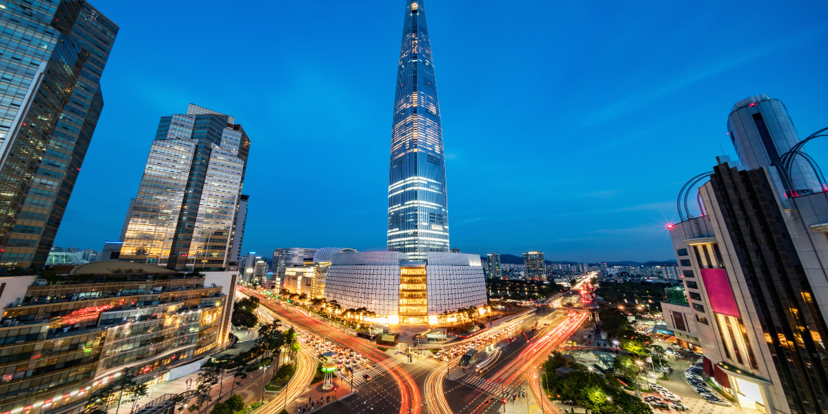 Lotte World Tower and Seoul Sky observatory in Seoul at night