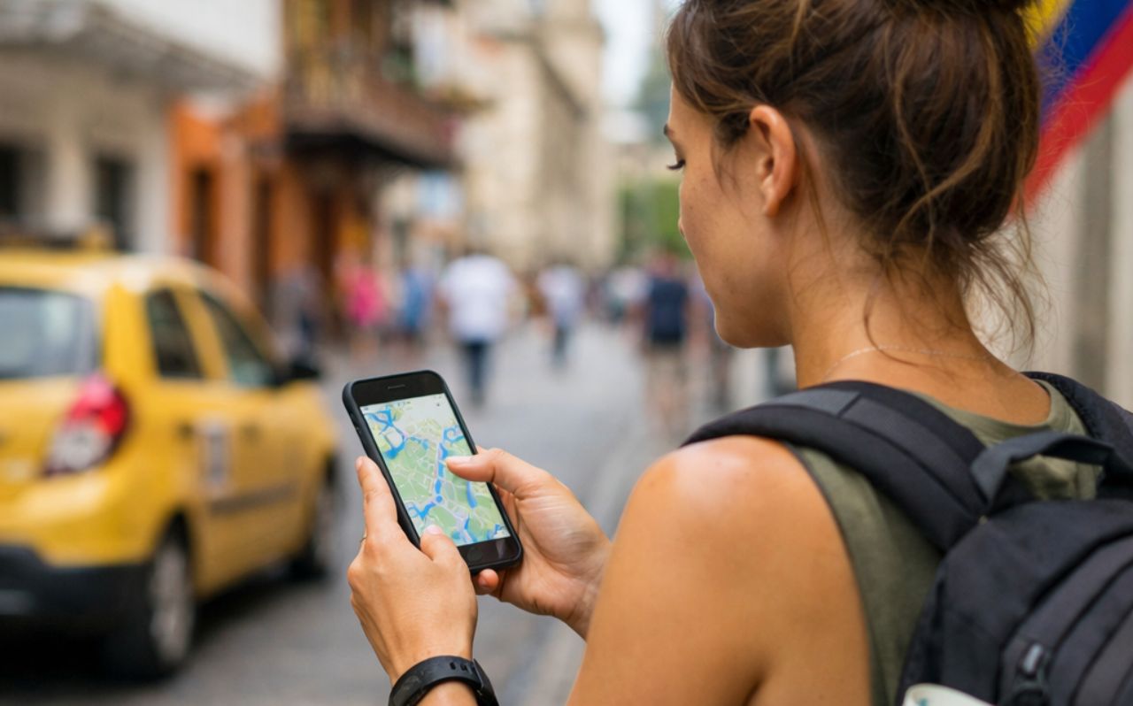 Traveler checking navigation on smartphone while traveling through Colombia
