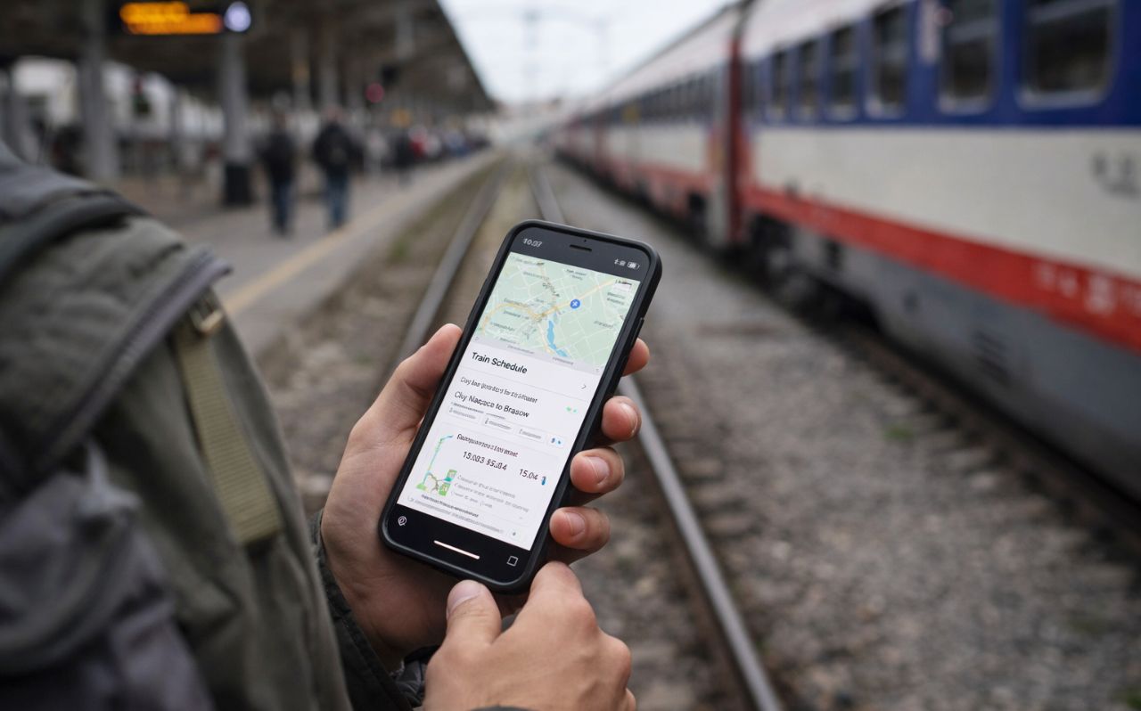 Traveler checking mobile data and train schedule on smartphone in Romania
