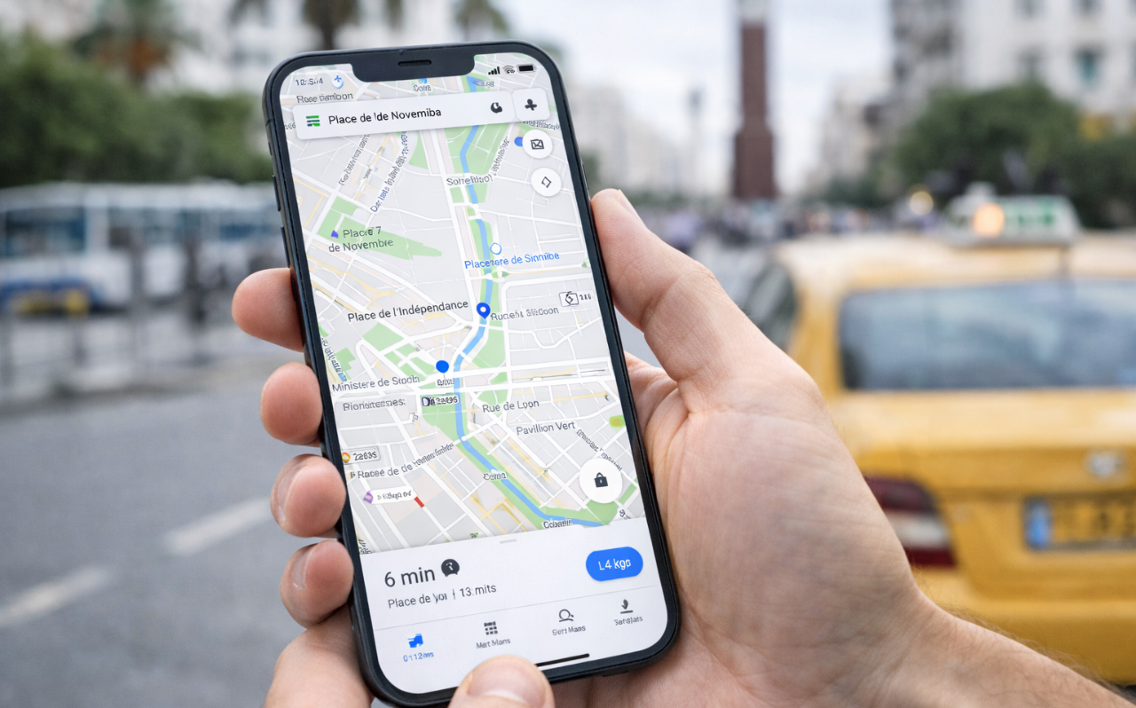 Traveler using mobile data for maps and navigation in downtown Tunis