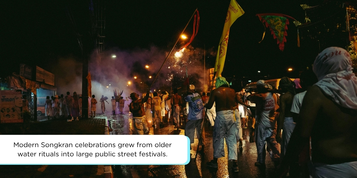 Modern Songkran water festival in Thailand with street celebration, water splashing, and Thai New Year crowds