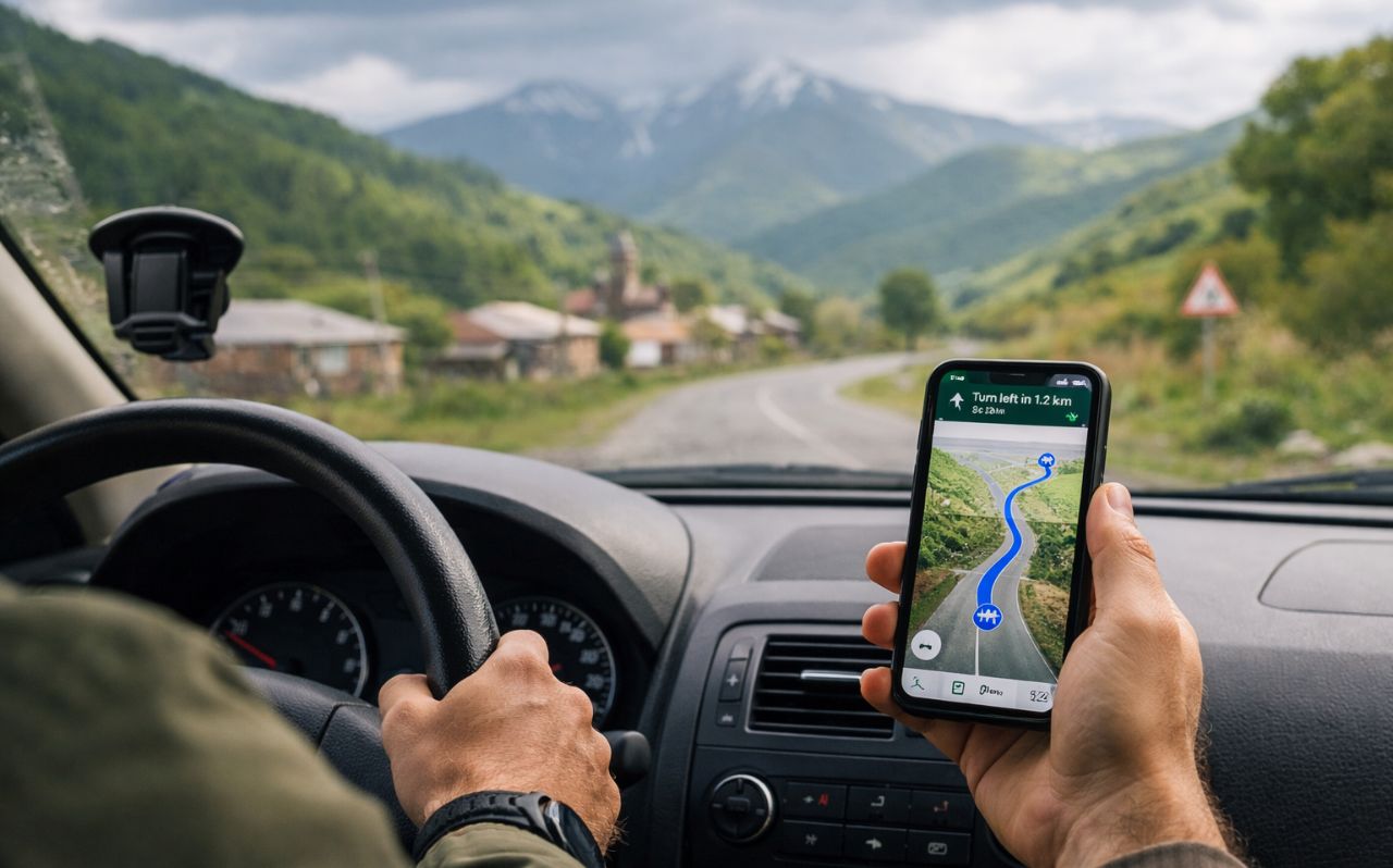 Traveler checking navigation on a smartphone while driving through rural Georgia