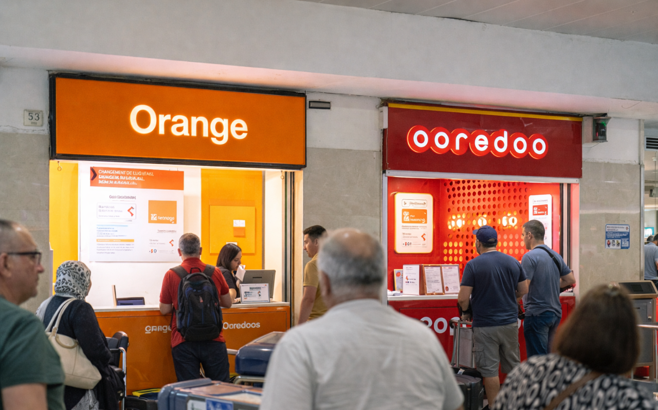Mobile SIM card counters from Orange and Ooredoo in the arrivals area of Tunis Airport