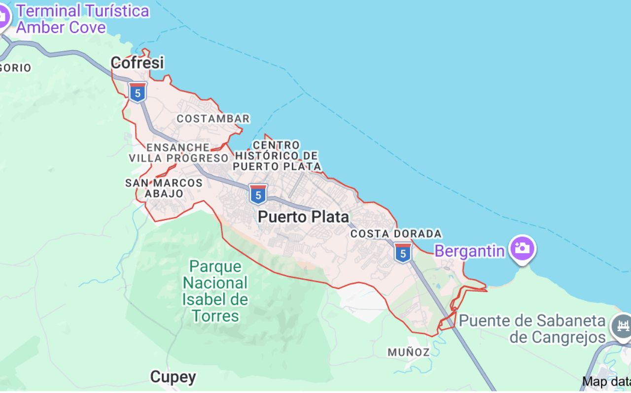 Map showing major attractions around Puerto Plata including Damajagua and Mount Isabel de Torres