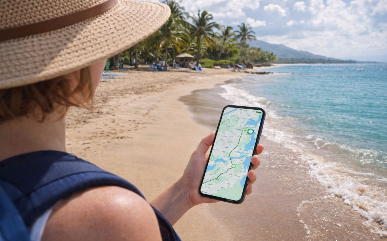 Traveler using a smartphone for navigation while exploring Puerto Plata