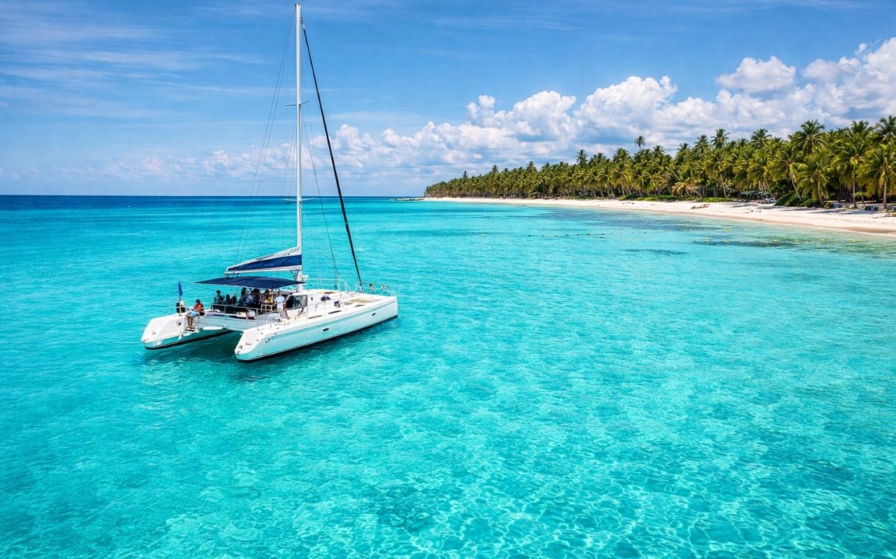 Catamaran boat near Saona Island inside Cotubanama National Park in the Dominican Republic