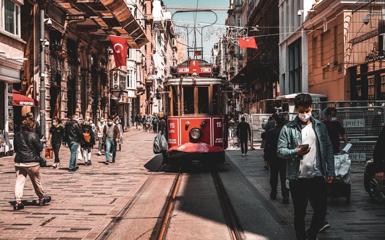Istiklal Street in Taksim district with tram and pedestrian traffic