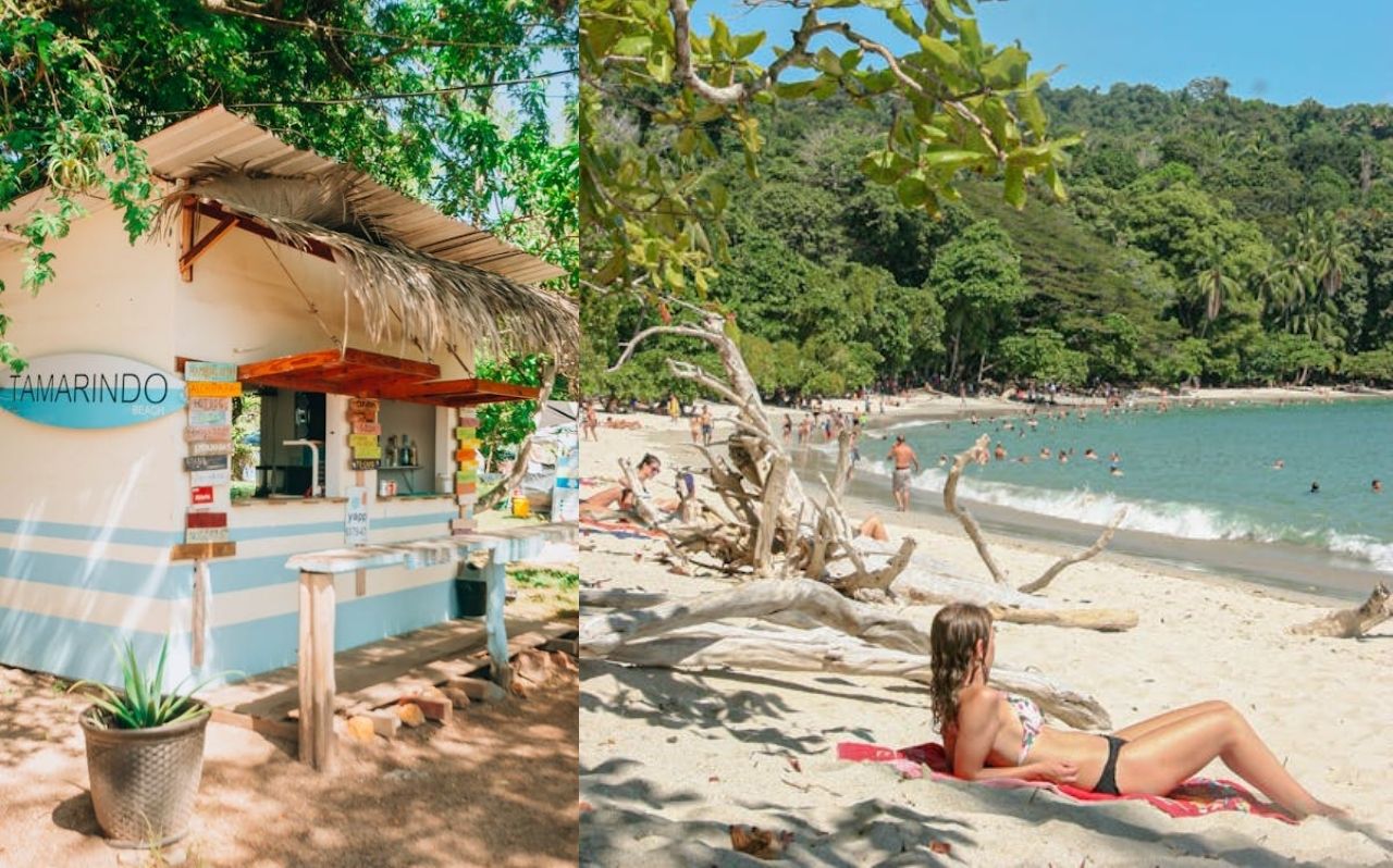 Tamarindo beach in Costa Rica with surfers and wide sandy shoreline