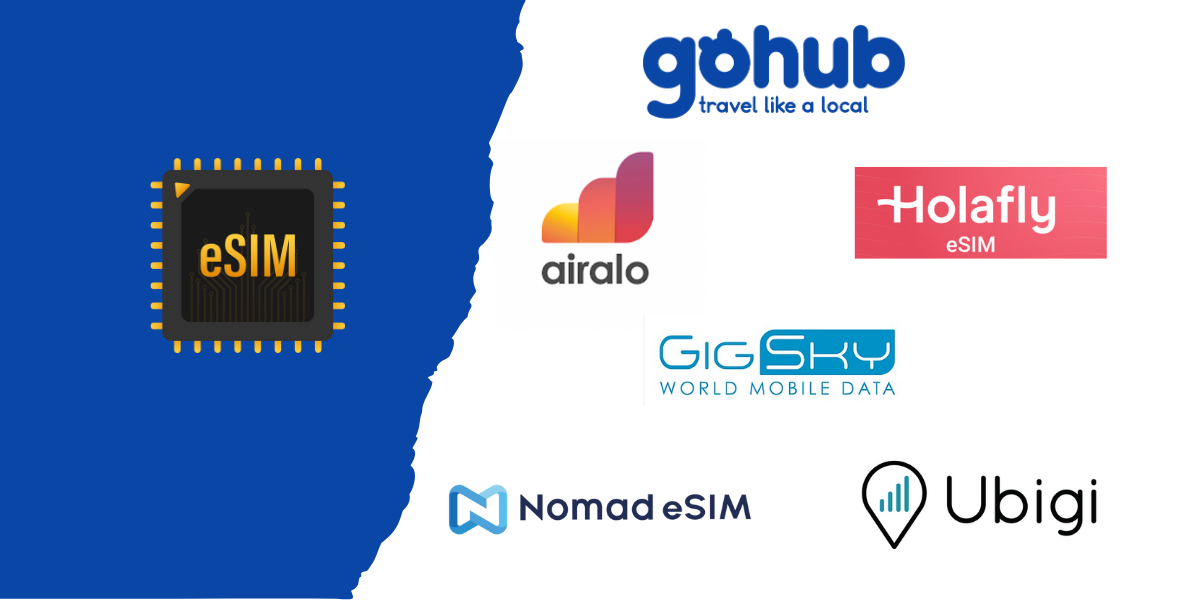 Logos of top eSIM providers for Japan including GoHub, Airalo, Holafly, GigSky, Nomad, and Ubigi