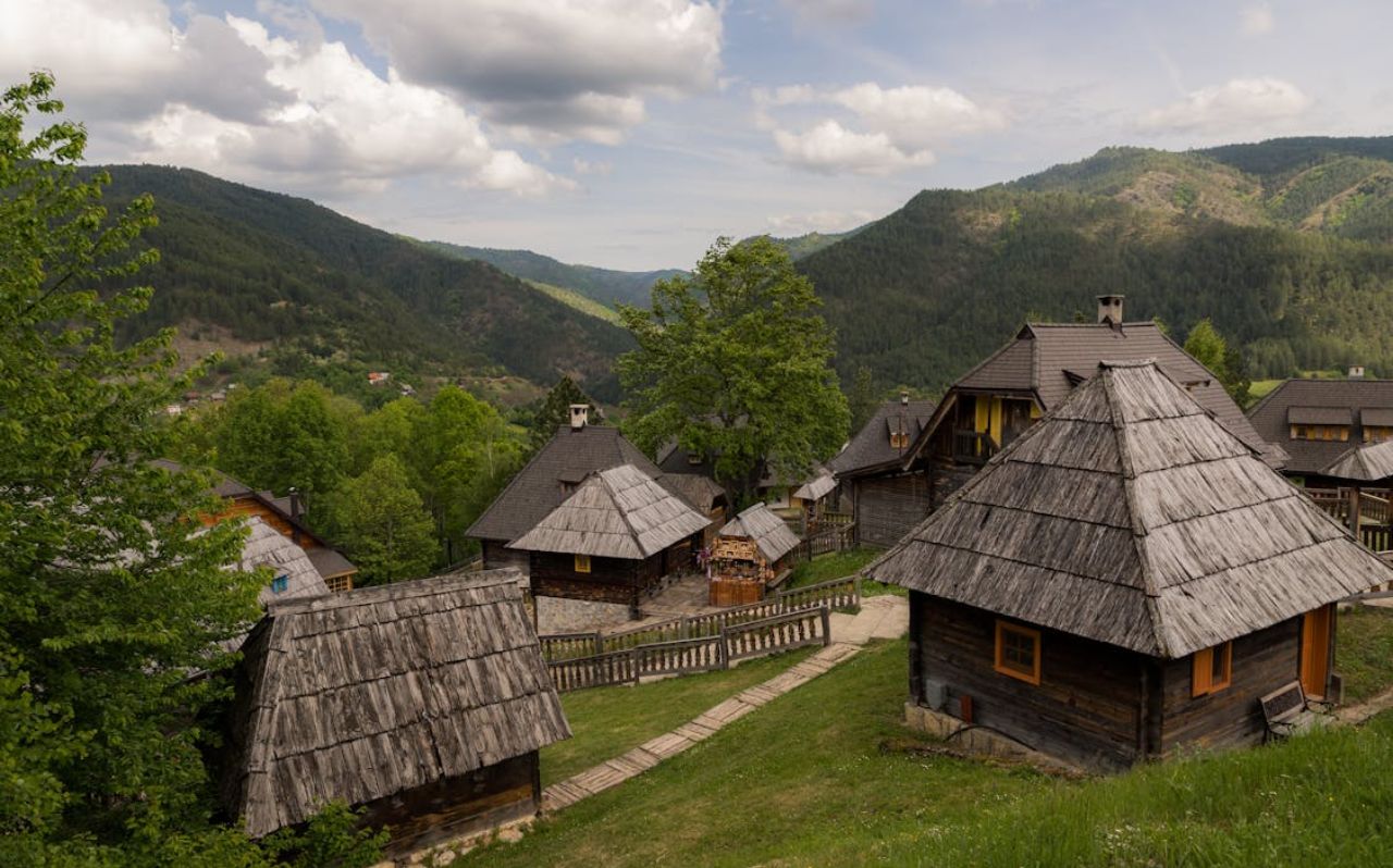 Traditional wooden houses in a mountain village in western Serbia