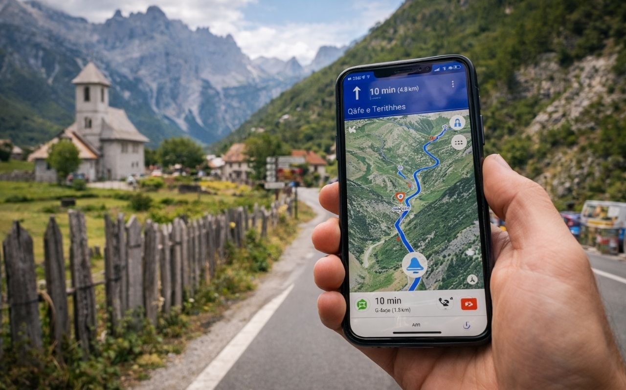 Traveler checking navigation on smartphone in a rural Balkan mountain area
