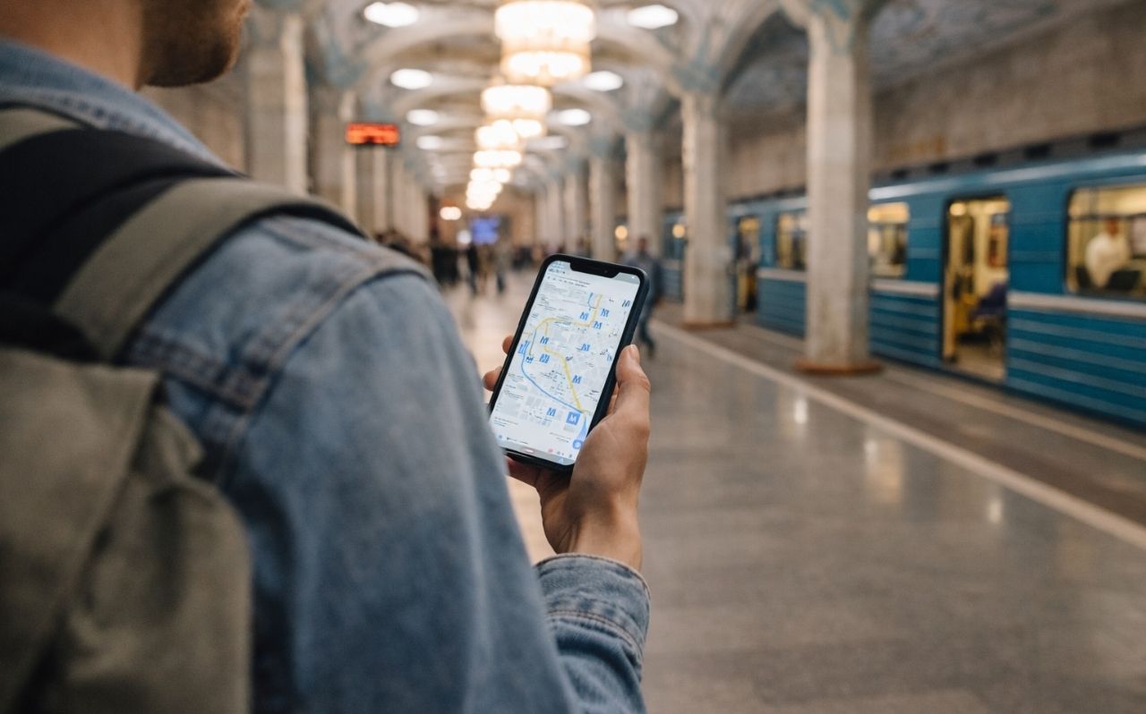 Traveler checking directions on a smartphone inside Tashkent Metro station