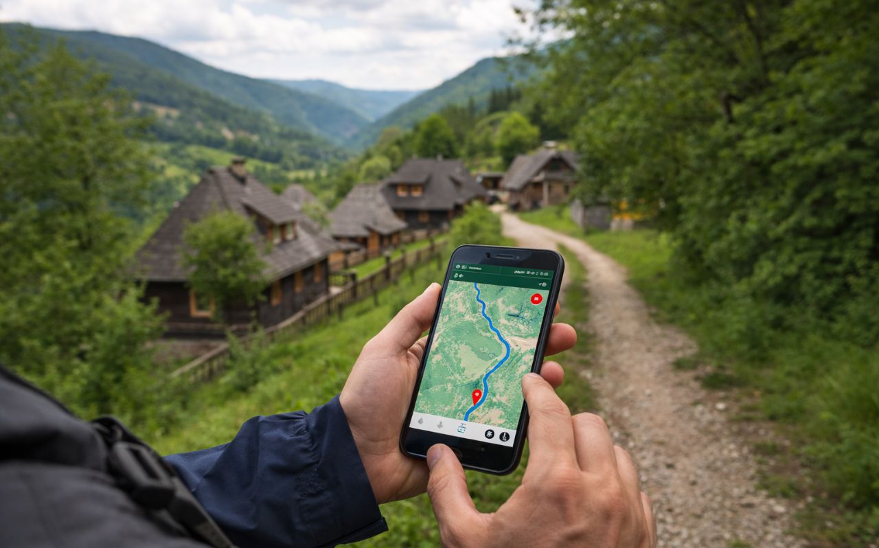 Traveler using smartphone navigation in rural Serbia