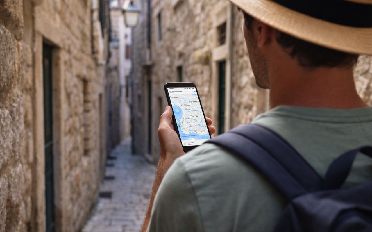 Traveler using mobile data in Dubrovnik Old Town
