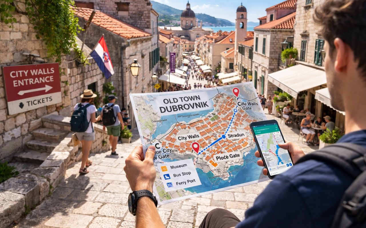 Traveler checking walking map inside Old Town Dubrovnik narrow stone street
