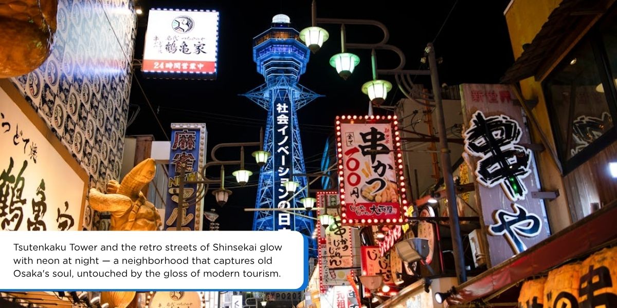 tsutenkaku tower shinsekai neighborhood osaka japan neon lights at night