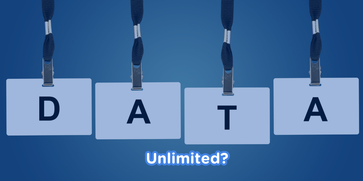 Word “DATA” displayed on hanging cards with the question “Unlimited?” below, suggesting doubt or limits