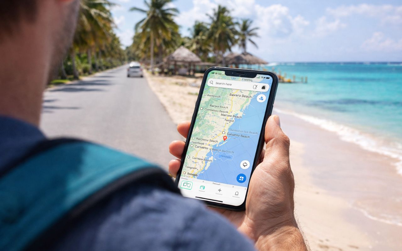 Traveler using Google Maps on smartphone while navigating outside resort areas in Punta Cana