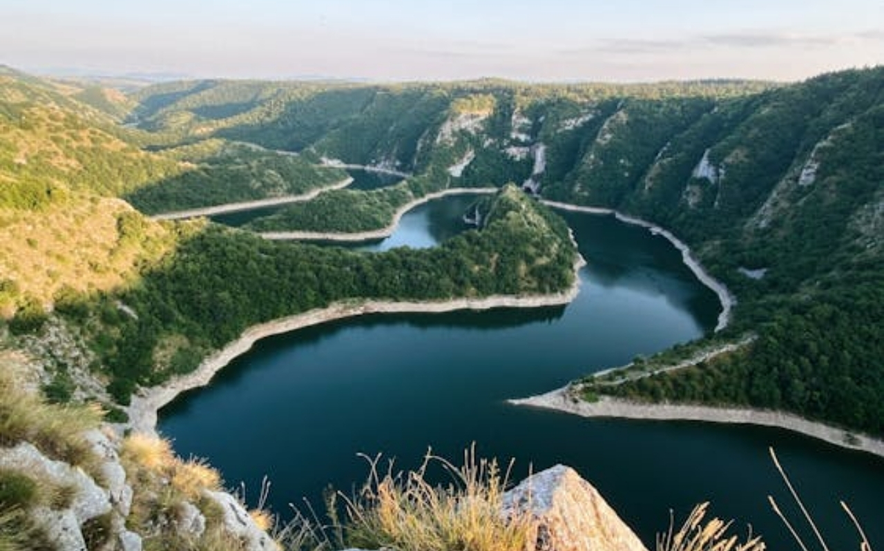 Aerial view of the winding Uvac river meanders and limestone cliffs in Serbia