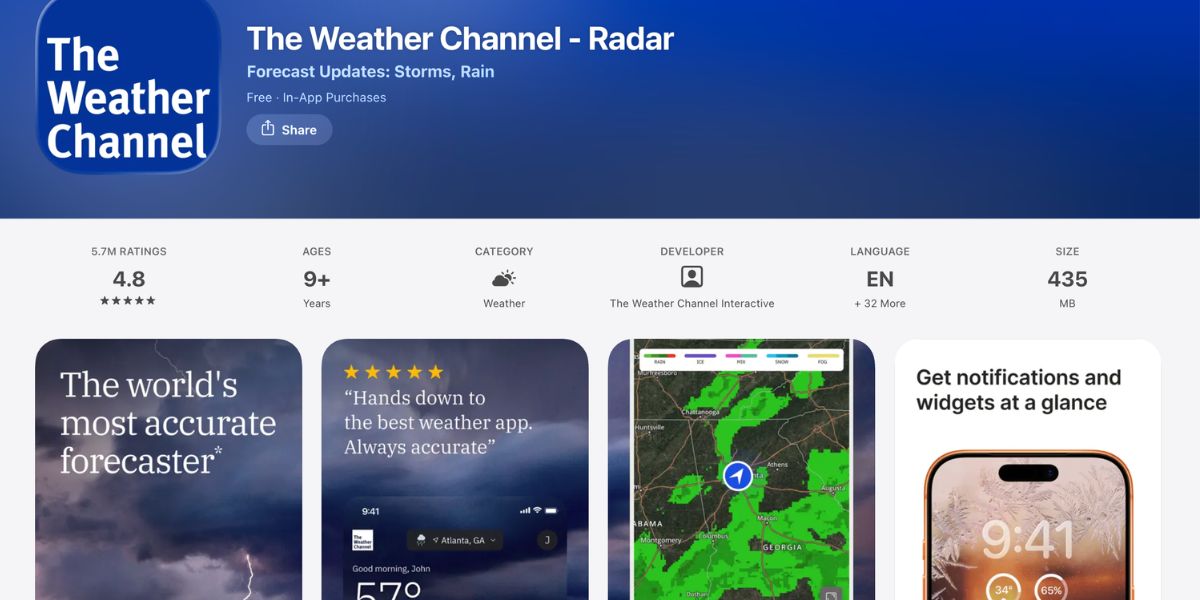 ứng dụng The Weather Channel cảnh báo thời tiết nguy hiểm như bão tuyết và mưa lớn khi du lịch quốc tế