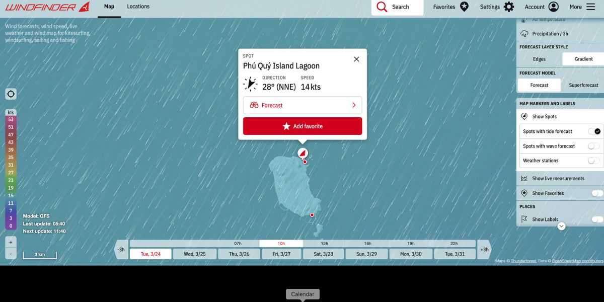 ứng dụng Windfinder hiển thị tốc độ và hướng gió cho các khu vực ven biển