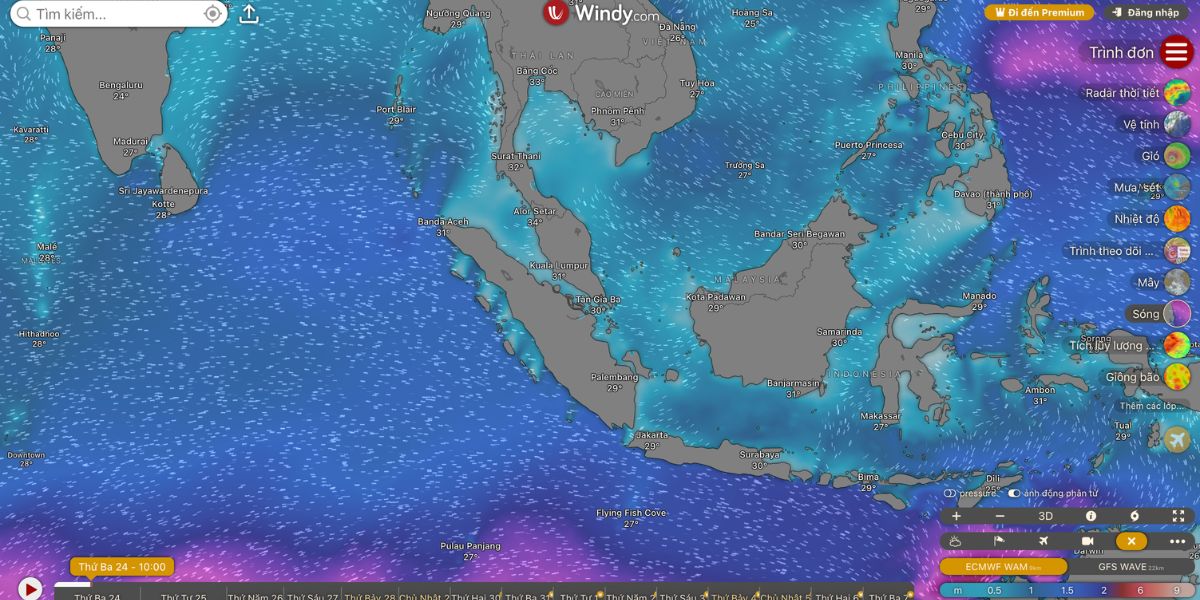 ứng dụng Windy hiển thị bản đồ gió và sóng theo thời gian thực cho du lịch biển