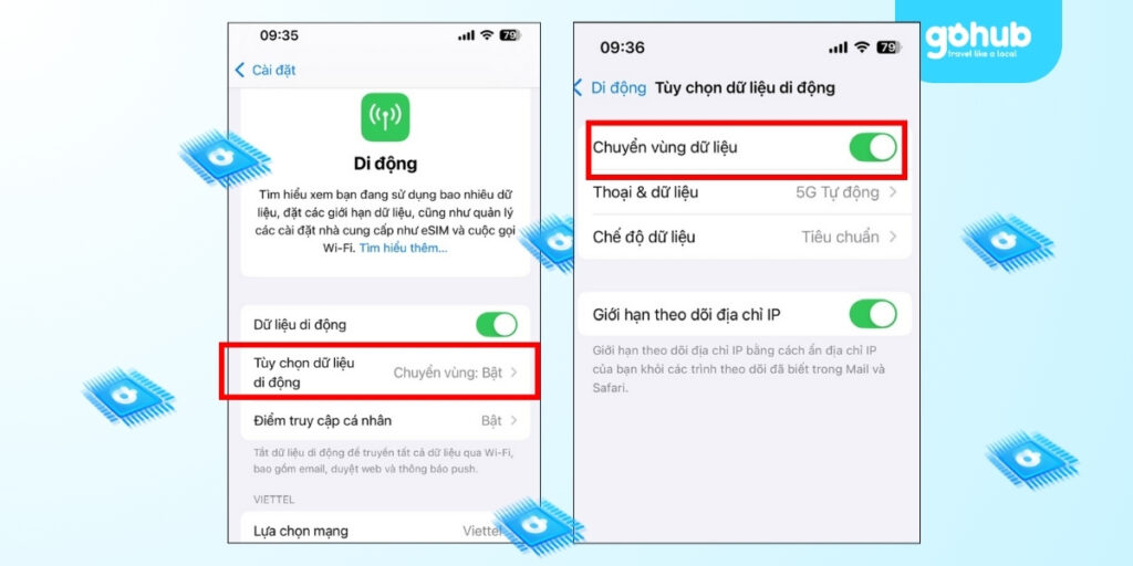 Giao diện cài đặt iPhone hướng dẫn cách bật chuyển vùng dữ liệu để dùng SIM Viettel tại Thái Lan