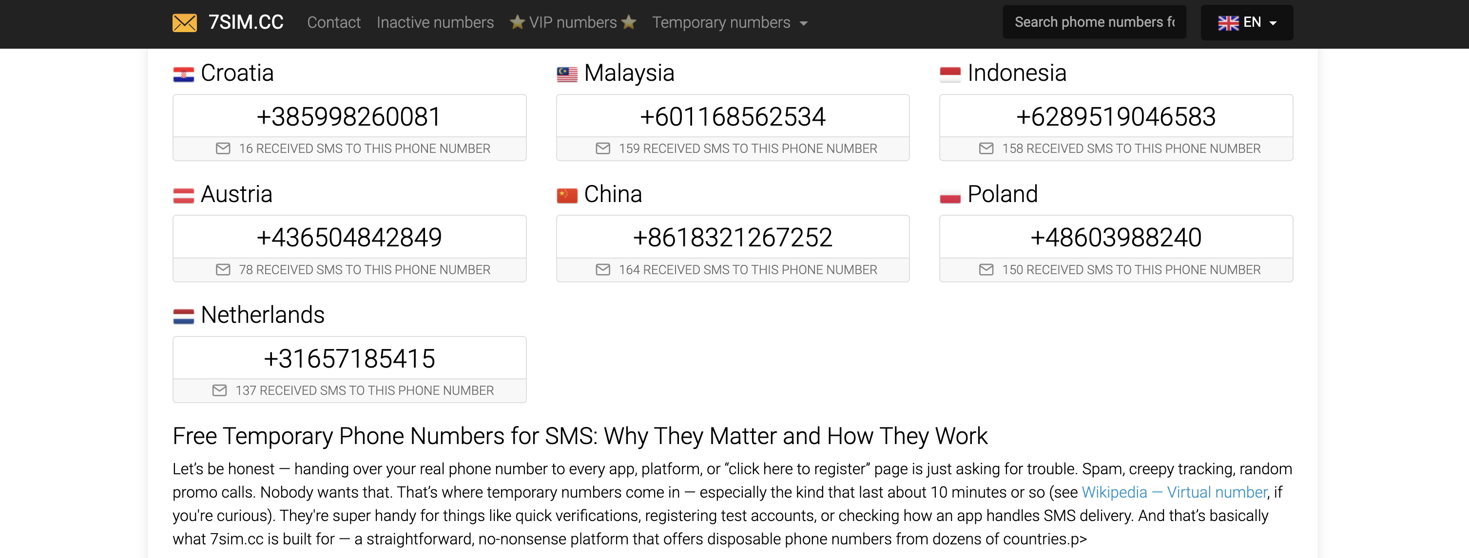 Giao diện một trang web cung cấp số điện thoại Trung Quốc ảo