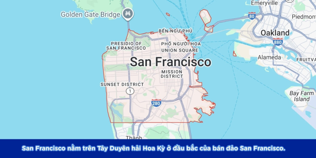 Bản đồ San Francisco-San Francisco nằm trên Tây Duyên hải Hoa Kỳ ở đầu bắc của bán đảo San Francisco.