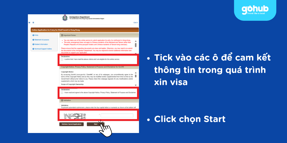 Tick vào các ô để cam kết thông tin trong quá trình xin visa