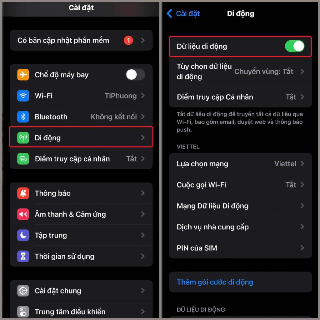 Bật chế độ mạng đối với hệ điều hành IOS