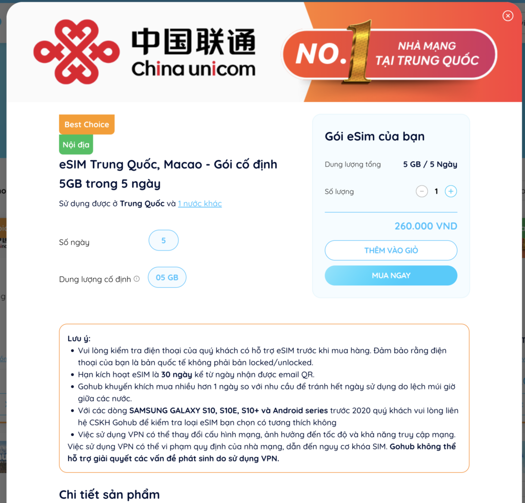 eSIM du lịch Trung Quốc từ gohub