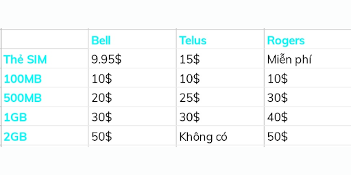 Các gói data có thể tham khảo dung lượng và giá cả
