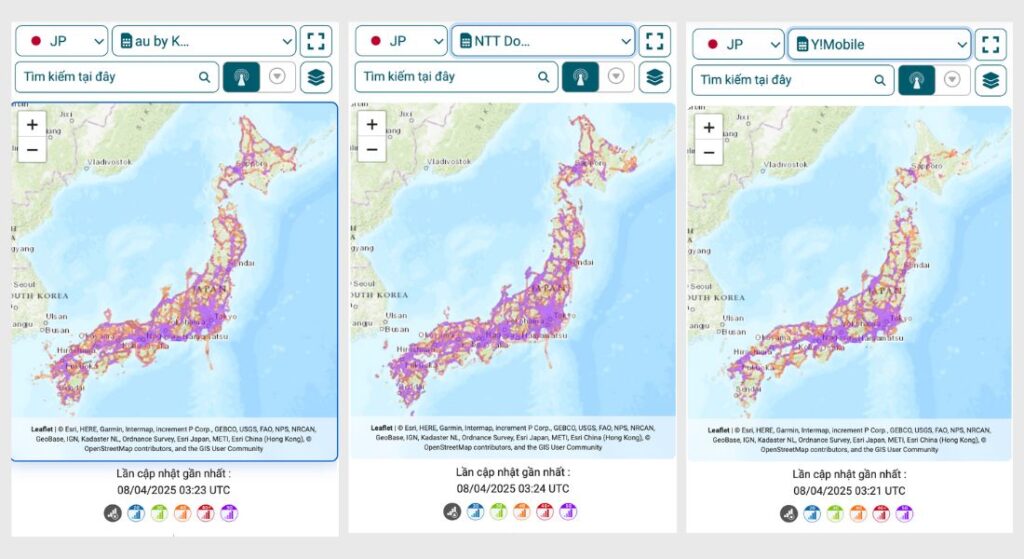 Bản đồ vùng phủ sóng mạng Docomo, au KDDI và SoftBank tại Nhật Bản