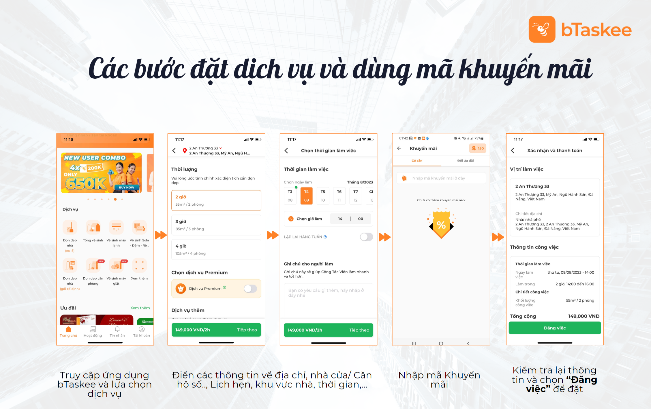 Quy trình đặt dịch vụ tiện ích gia đình bTaskee