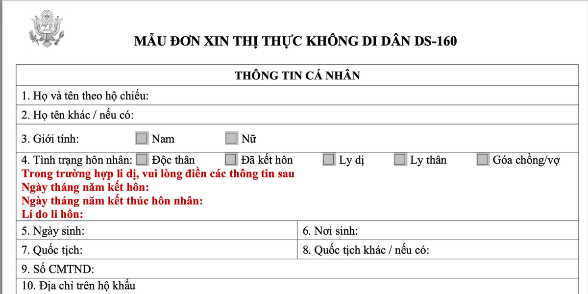 Mẫu đơn xin visa không di dân Mỹ DS-160 tiếng Việt, phần thông tin cá nhân năm 2025